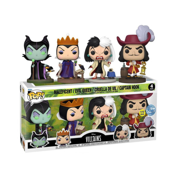 DISNEY VILLAINS - 4 PACK - MALEFICENT / EVIL QUEEN / CRUDELIA DEMON / CAPITAN UNCINO